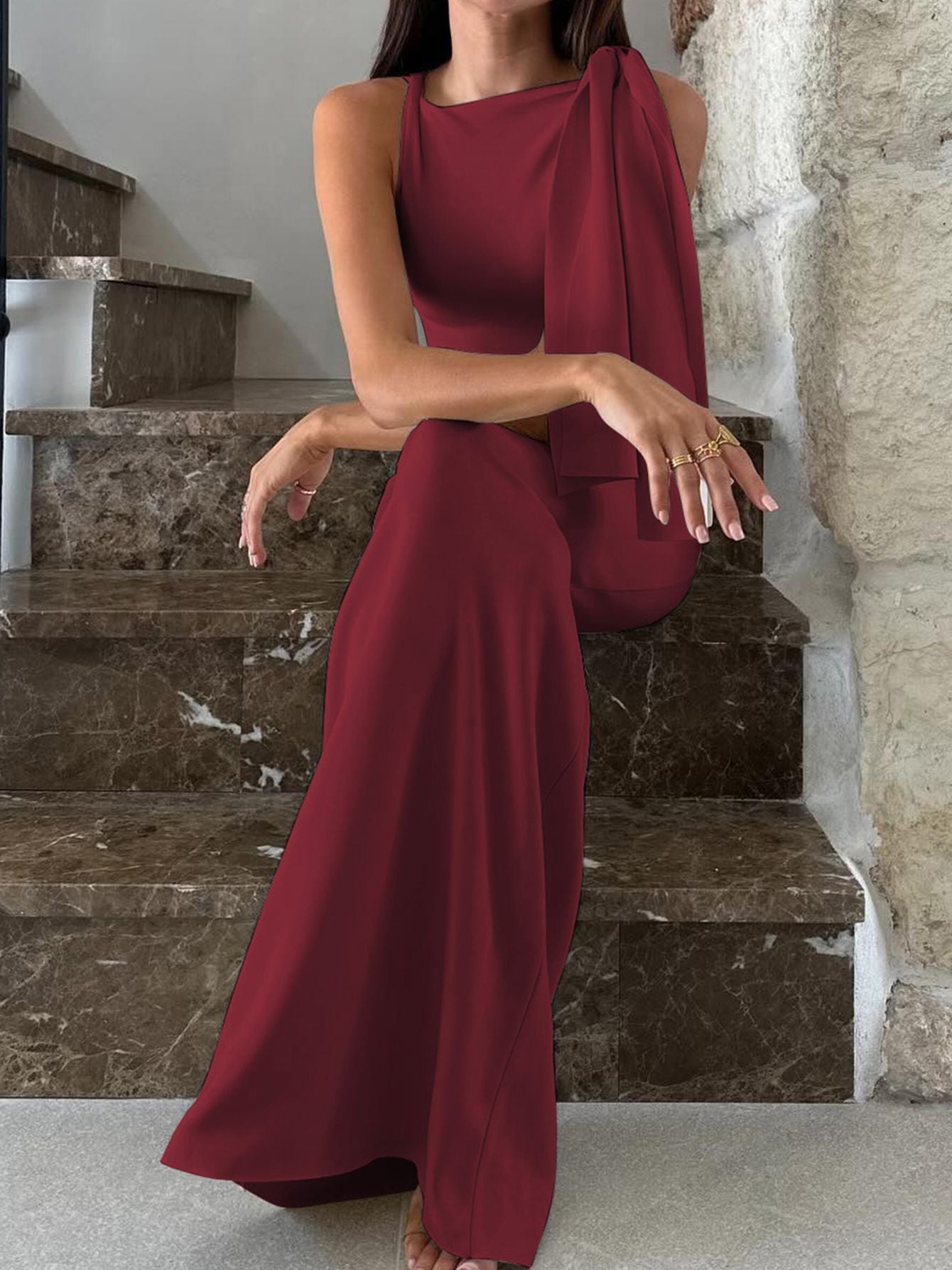 Hugcitar Fashion Solid O Neck Sleeveless Patchwork Sexy Bodycon Maxi Prom Dress