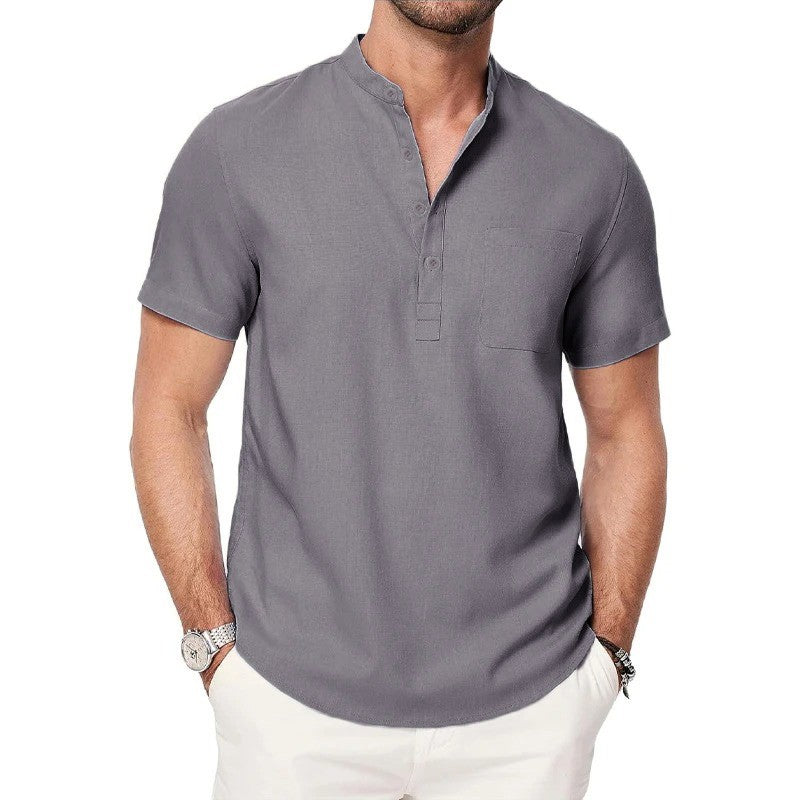 Men's Henley Neck T-shirt Cotton Linen Button Pocket  Tees Casual Short Sleeve Vacation Beach Style Solid Color Lightweight Tops