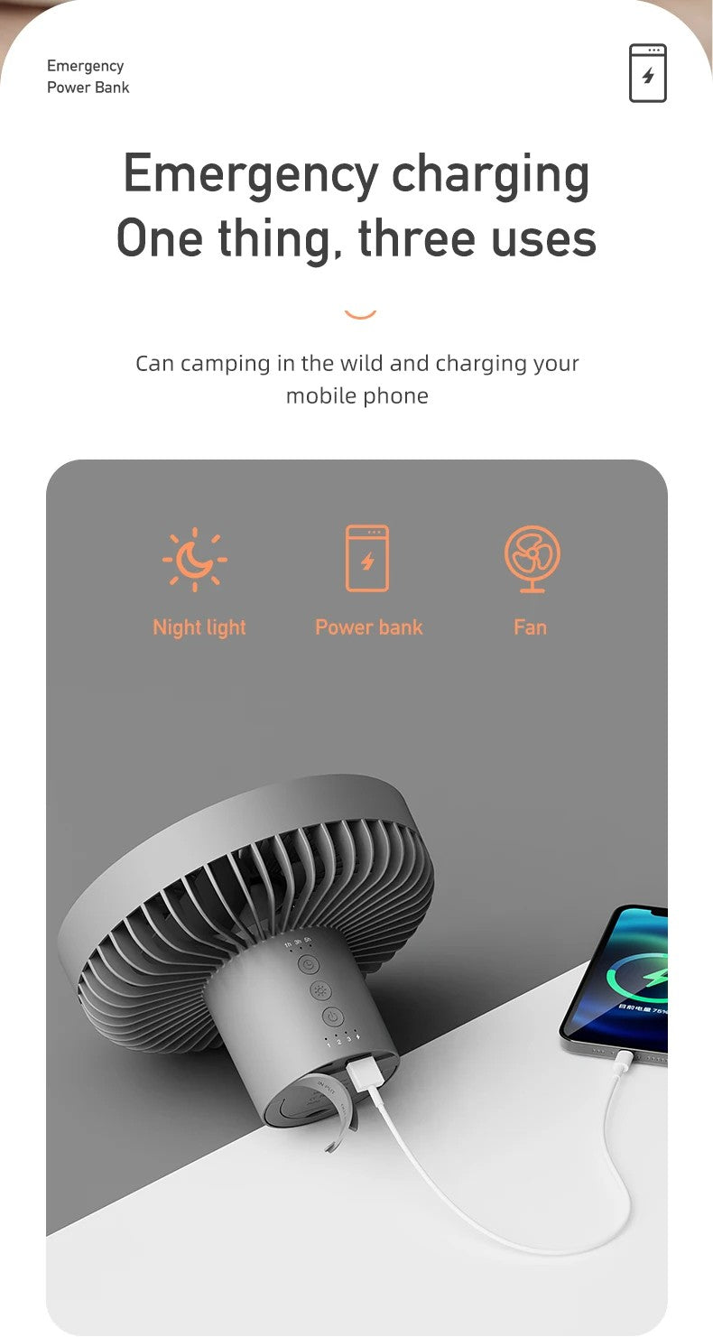 10000mAh Camping Fan Rechargeable Desktop Portable Circulator Wireless Ceiling Electric Fan with Power Bank LED Lighting
