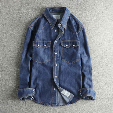 Autumn New American Retro Heavyweight Double Pocket Denim Cargo Shirt Men's Simple 100% Cotton Washed Casual Blouses Thin Jacket