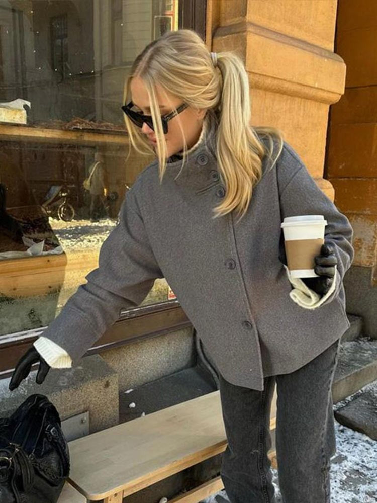 Fashion Stand Collar Solid Short Coat Women Casual Solid Single Breasted Loose Fit Coat 2025 Winter Chic Windproof Jackets