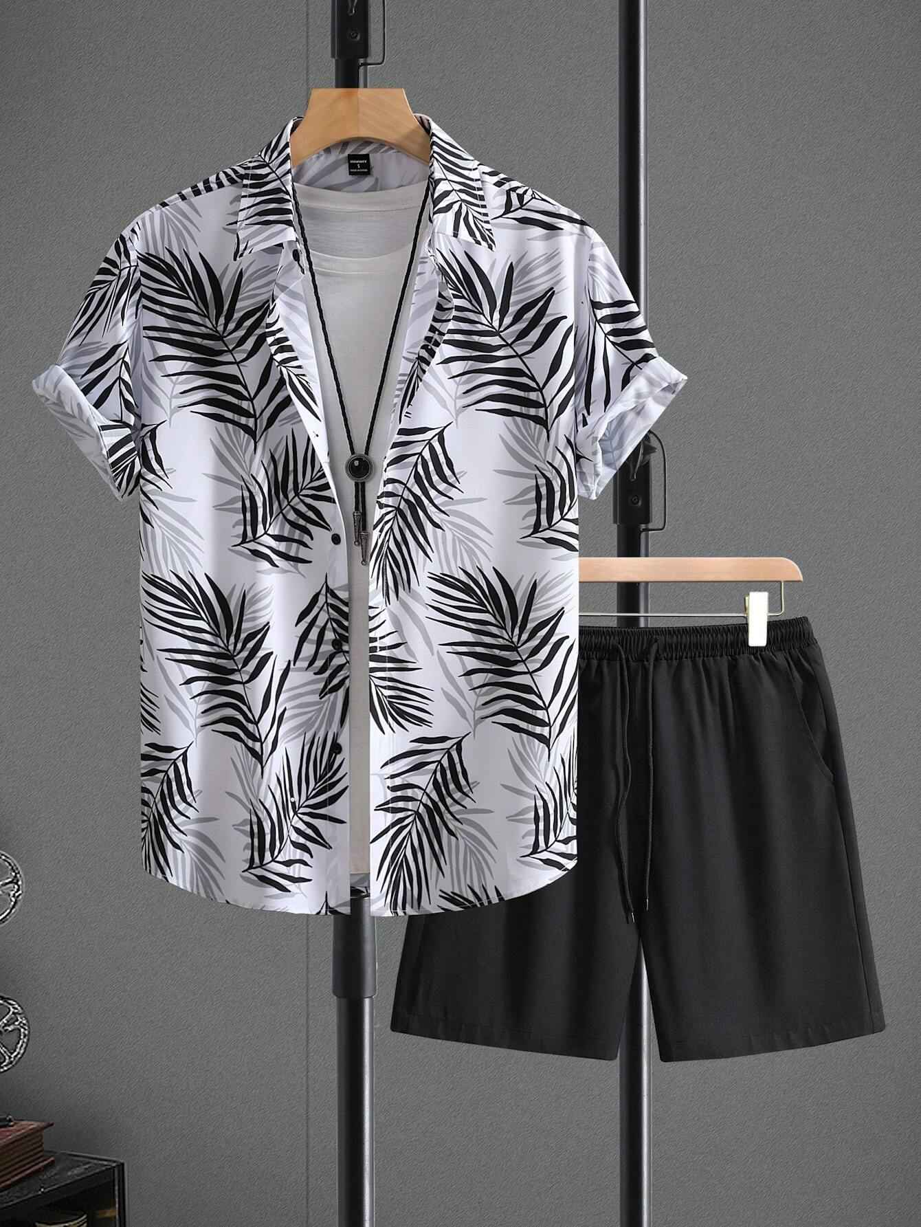 Summer Fashion Men's Suit Elegant Plant Printing Pattern Short-sleeved Lapel Shirt And Drawstring Shorts Leisure Two-piece Suit