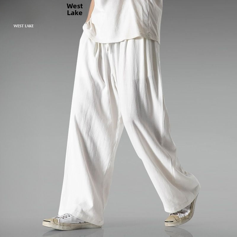 Summer Large Size Linen Cotton Wide Leg Pants Men Casual Comfortable Loose Fit Straight Leg Trousers Long Pants