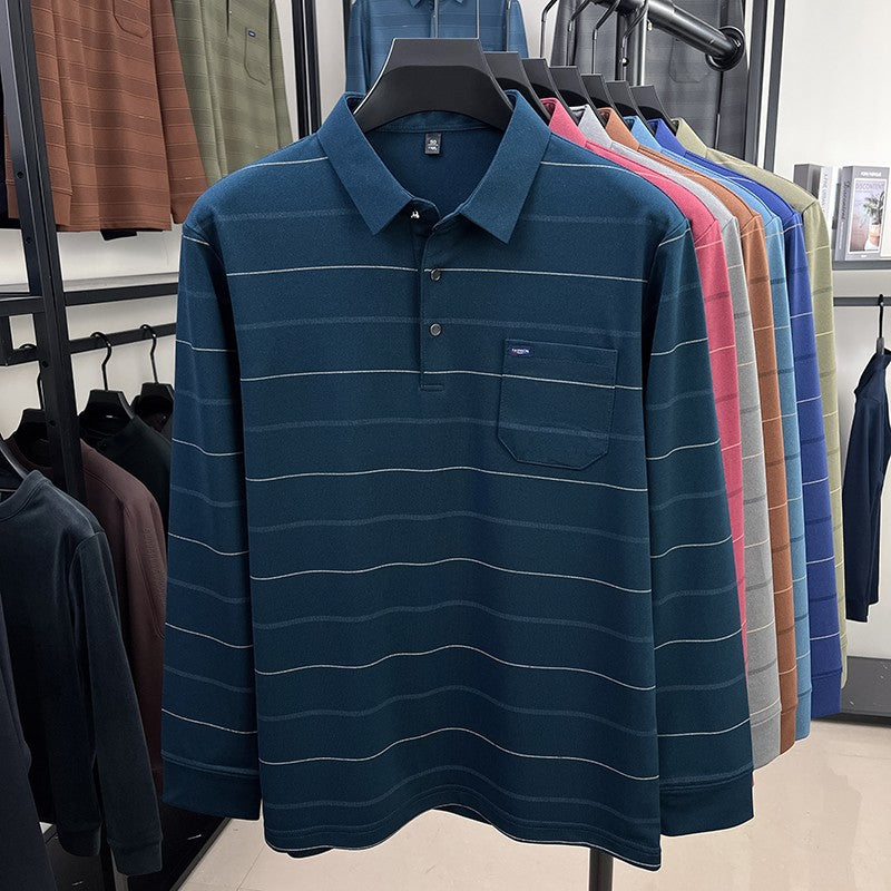 2025 long sleeved men's spring and autumn collar striped pullover top with loose pockets polo shirt