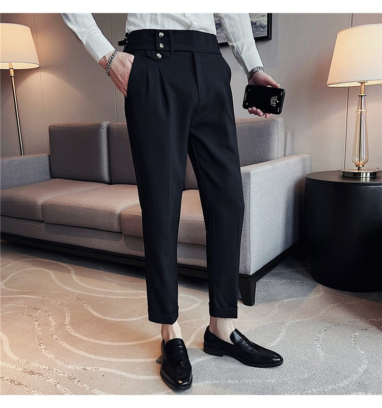 British Style Spring New Solid Business Casual Suit Pants High Waist Button Men Formal Pants High Quality Slim Office Trousers