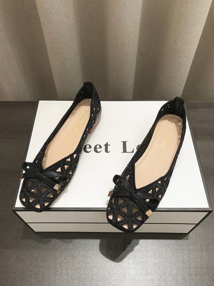 2025 New Fashion Women's Sweet Bow Mesh Flats - Hollow Out Grid Pointed
