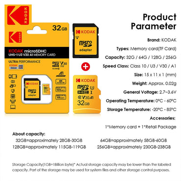 KODAK 64G Ultra Memory Card 64GB A1 U3 4K Micro SD SDHC Microsd UHS-I C10 TF Performance Flash Original Minisd with Adapter