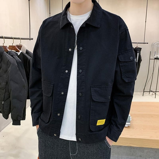 Men's Casual Jacket Spring Autumn Button Lapel Work Coat New Solid Color Multi-pocket Tops Men Fashion High Quality