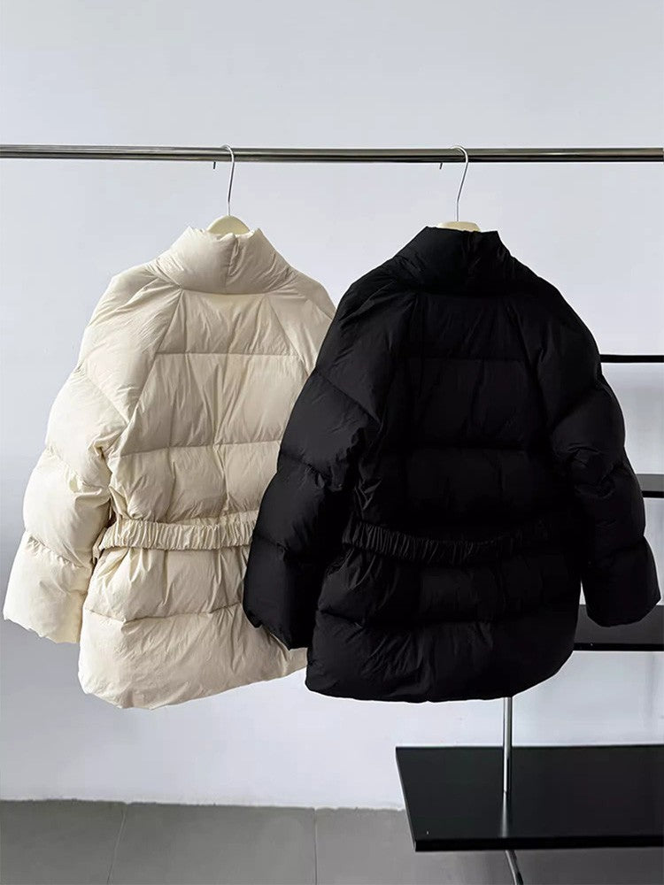 Lagabogy 2025 Winter Belt Waist-Tight Elegant Warm 90% White Duck Down Jacket Female Long Sleeve Solid Color V-neck Puffer Coat