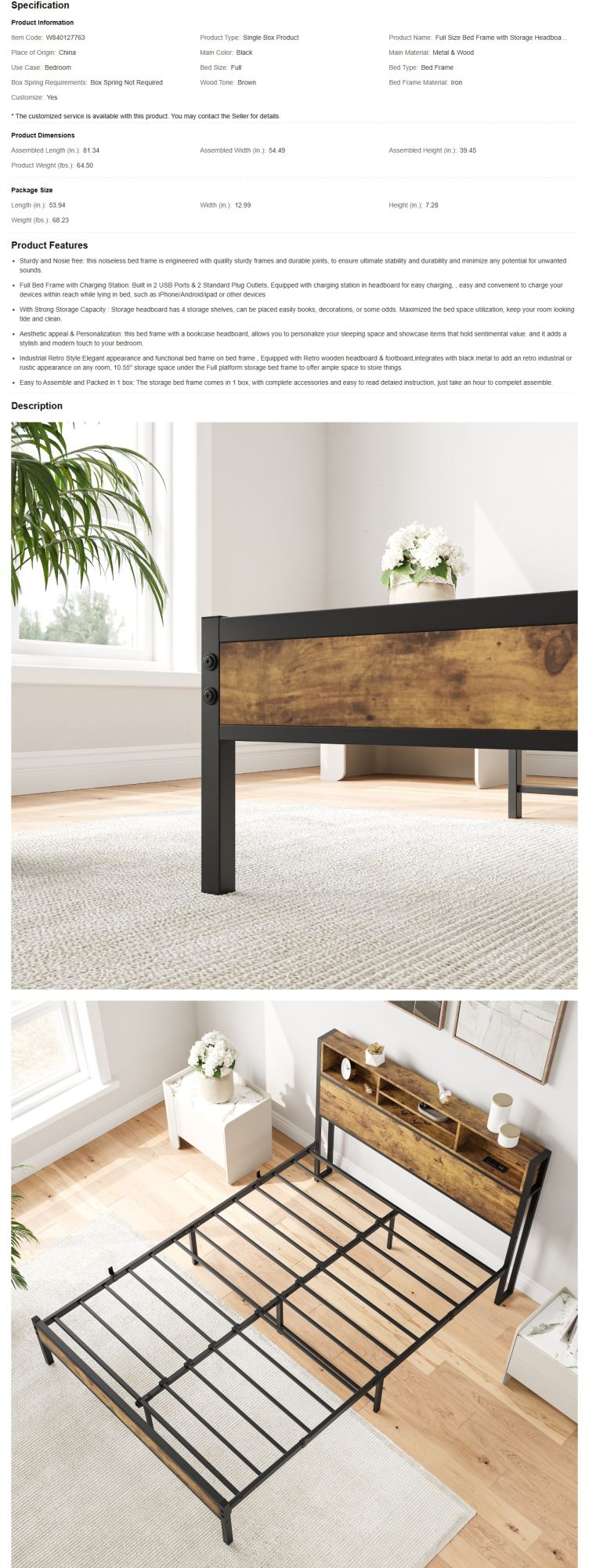 Full Size Bed Frame, Metal Platform Bed with Storage Headboard, Charging Station & Bookcase, No Box Spring Needed, Easy
