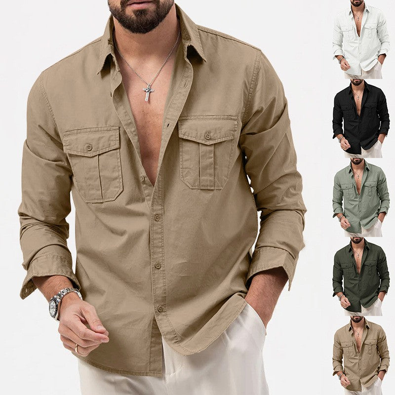Safari Cotton Shirts Mens Outdoor Work Travel Button Down Tops Casual Long Sleeve Hiking Camping Utility Shirt With Flap Pocket