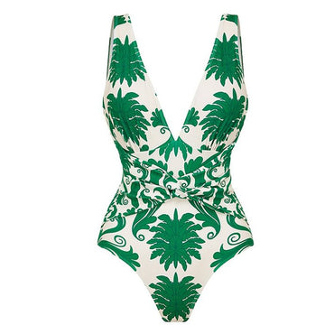 Flaxmaker Women Sexy Deep V Neck Printed One-piece Swimsuit and Pants Sets Swimwear Monokini Girl Beach Bathing Suits Beachwear