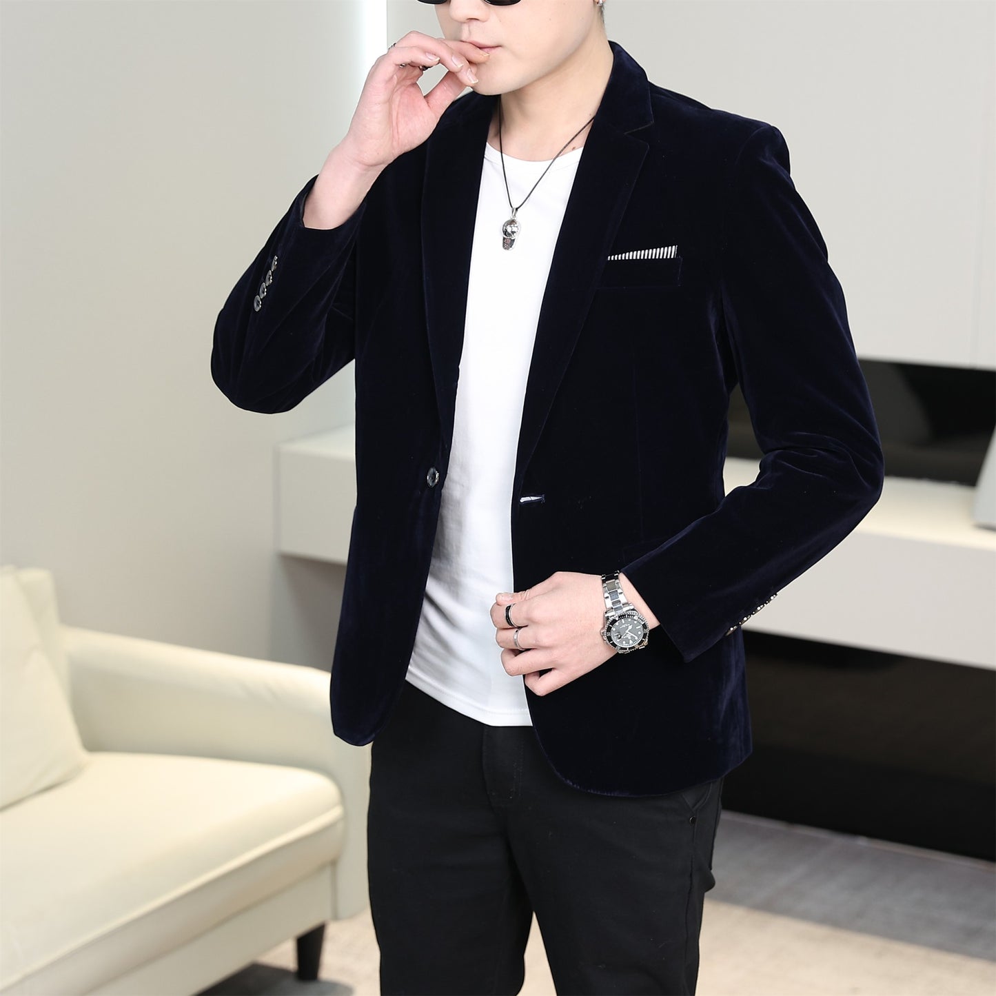 Gold Velvet Suit Men's Trendyy Performance Suit Spring & Fall All Year Round Slim Thin Youth Dress Groomsmen Groom's Dress Wedding Party Suit