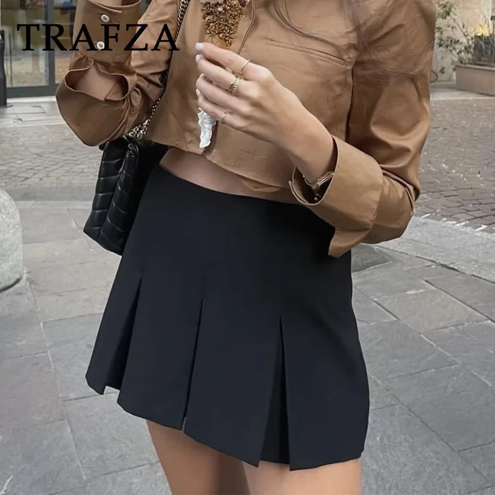 TRAFZA 2025 Spring Summer Women Casual Tierred Mini Skirts Fashion Vintage Solid