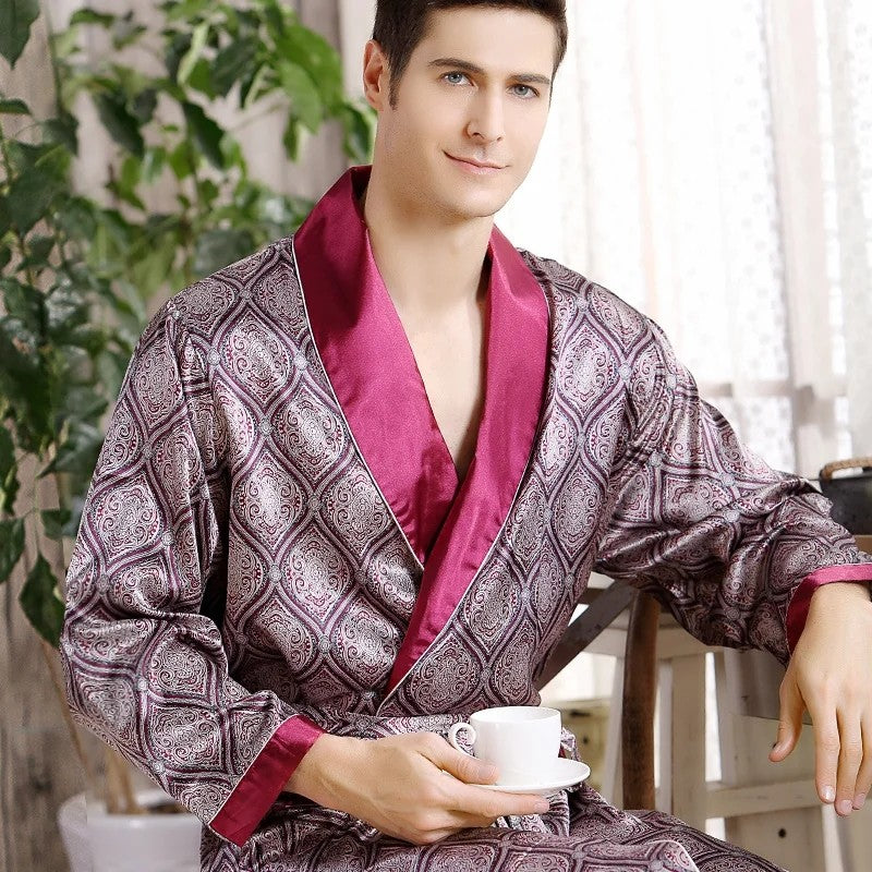 Men Bath Robe Satin Print Gold Kimono Bathrobe Silk Long Dressing Gown Plus Size Sleepwear Geometric Lounge Nightgown XL 4XL 5XL