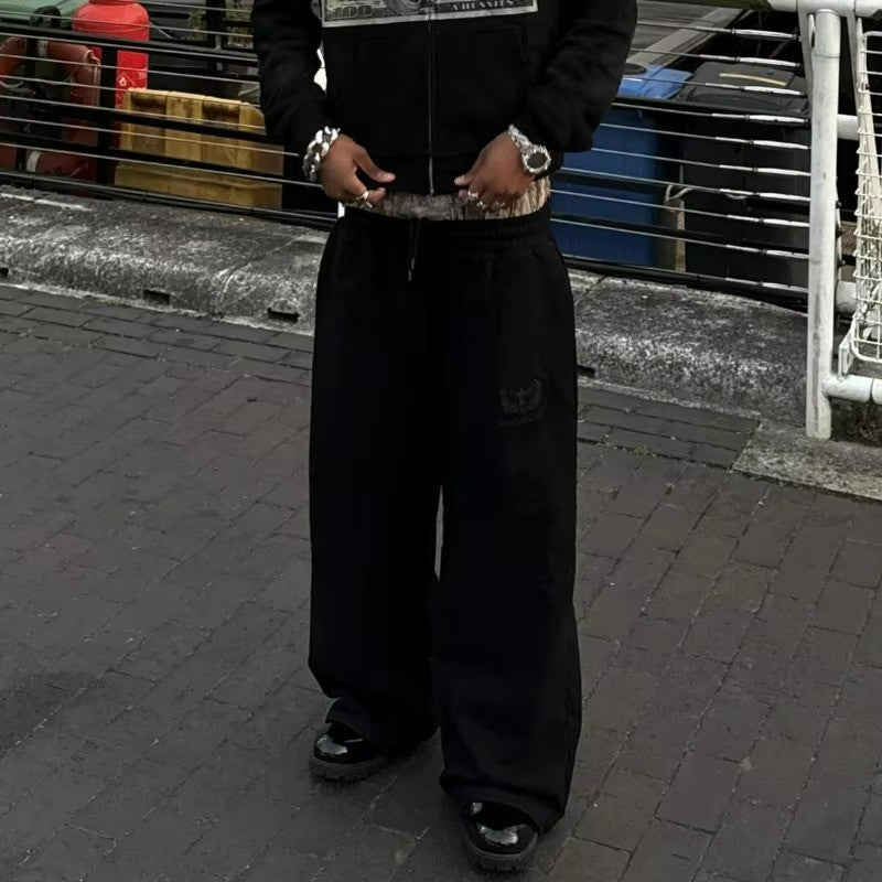 Y2K Casual Sweatpants Double Waist Checkered Camouflage Striped Side Splicing Wide Leg Pants American Style Trendy Streetwear