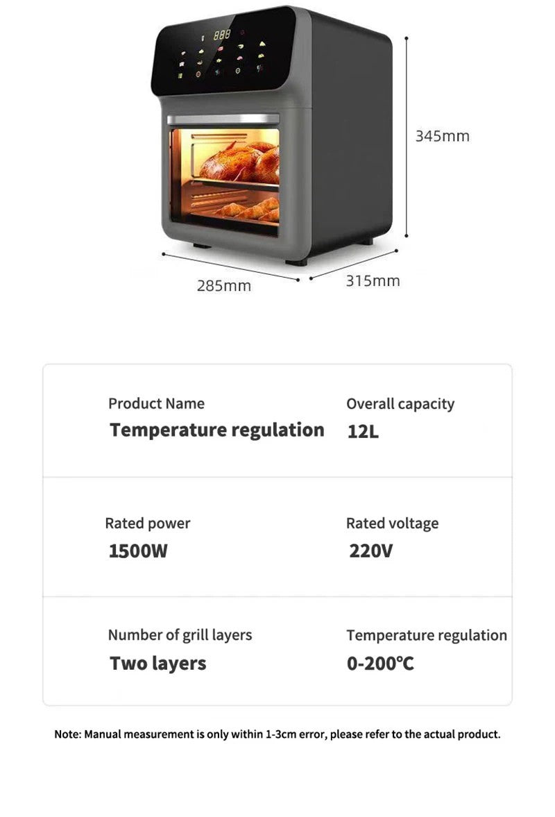 Fritadeira Elétrica de Ar 12L Forno de Convecção de Grande Capacidade Fritadeira Sem Óleo Cozinha 360° Cozedura Janela Visível Eletrodoméstico