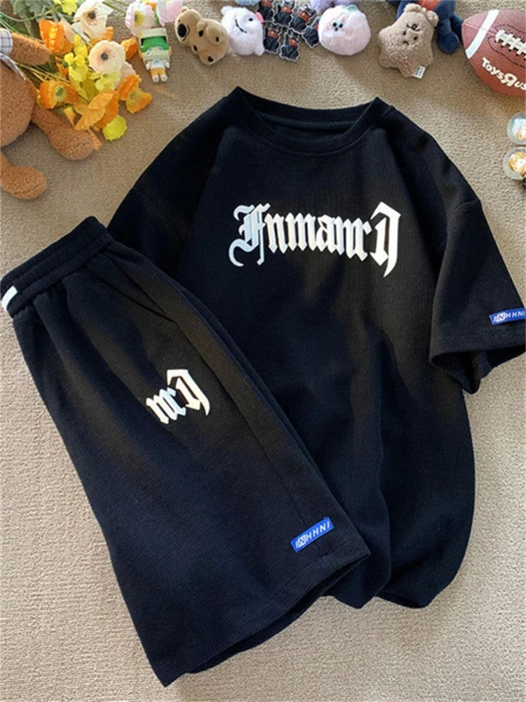 Summer Oversize Casual Fashion tracksuit Loose Jogging Waffle Suit Men Loose Short-sleeve tshirt + Sports Shorts 2pcs Set Outfit