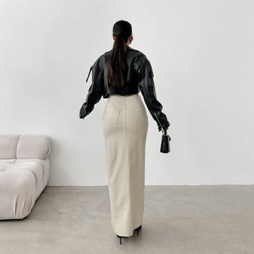Women's Split Design Solid Color High Waist Pu Leather Skirt 2025 Spring Fall Office Lady Trendy Streetwear Long Skirts