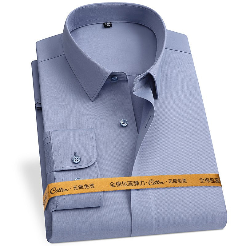 8XL Anti-Wrinkle 80% Cotton 15% Elastic Silk 5% Spandex No-Iron Business Office Soft Cozy Micro Elastic Long-sleeved Shirts Men