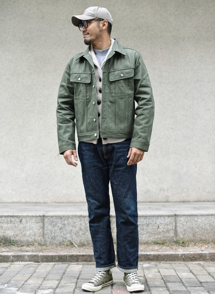 Sauce Zhan 540XX Mens Cusual Jacket Vulcanized green Selvedge Sanforized Denim Jacket 14 Oz Loose Fit