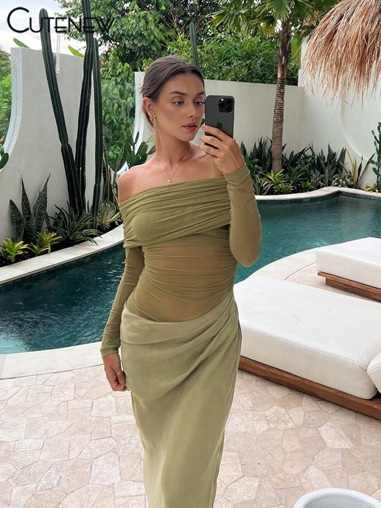 Cutenew Mesh Ruched Women Maxi Dress Sexy See Through Off Shoulder Long Sleeve S