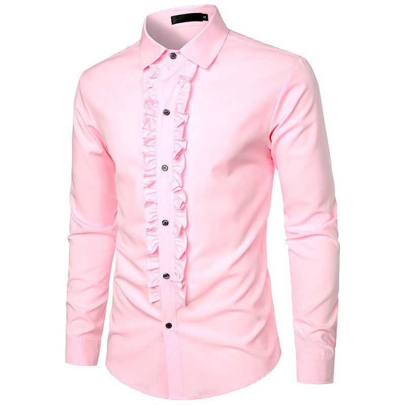 New 2025 Men's Long Sleeve Tuxedo Shirts Fashion Party Wedding Male Dress Shirts Ruffle Pleated Design Solid Shirt Chemise Homme
