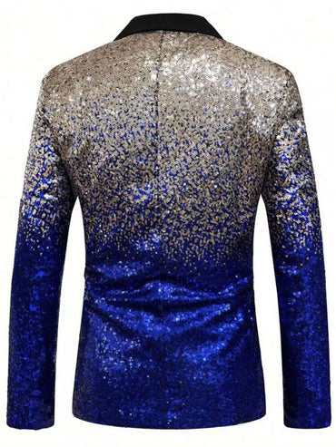 Shiny Sequin Tuxedo Jacket for Men - Royal Blue & Gold Gradient, Black Lapel, Formal Party/Wedding/Stage Wear? Coat.