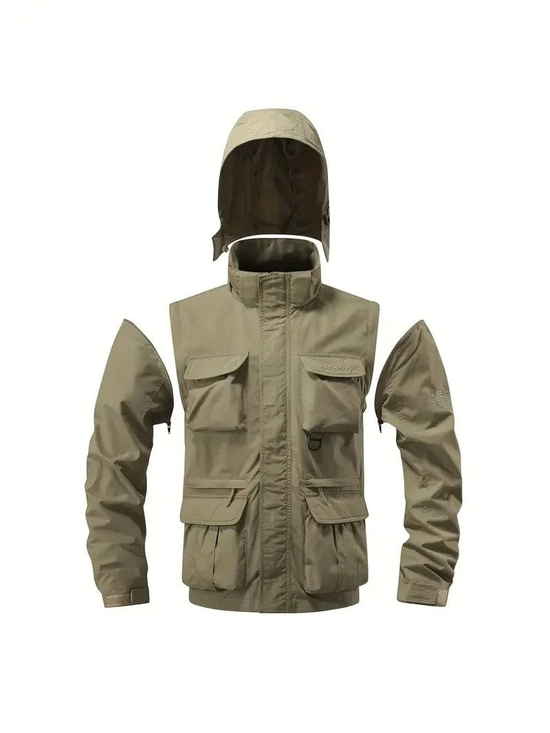 Men's Casual Waterproof Multi Bag Cargo Jacket Vest Suitable for Outdoor Activities Detachable Windproof Hooded Jacket Jacket