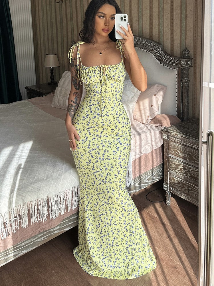 Hugcitar Floral Print Sleeveless Backless Slips Lace Up Maxi Dress Sexy Bodycon
