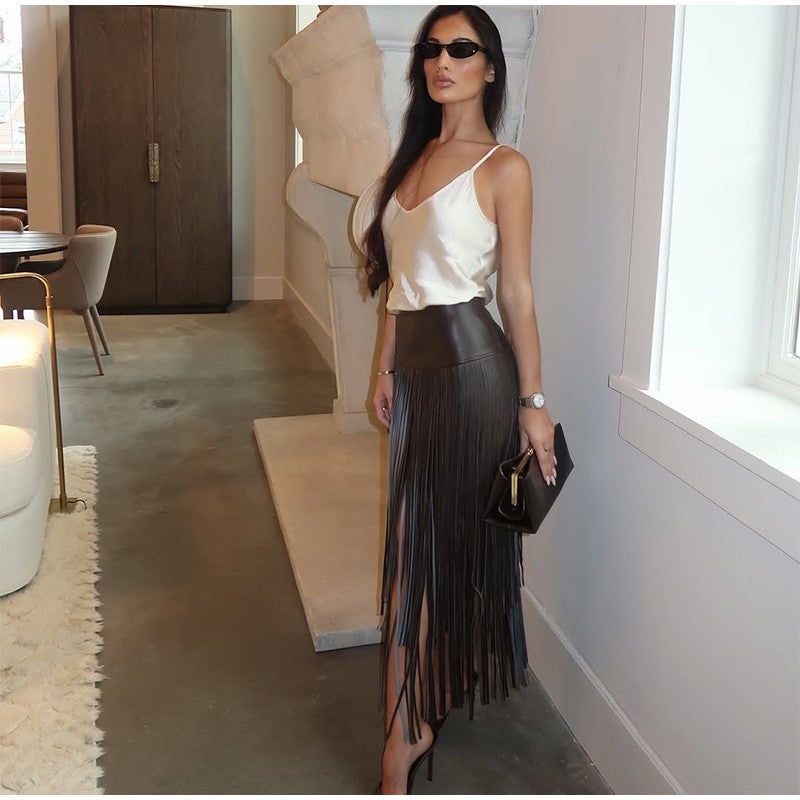Tassel Leather Midi Skirt Women Solid High Street High-waist A-line Bodycon Long Skirts Spring Summer 2026 Chic All-match Outfit
