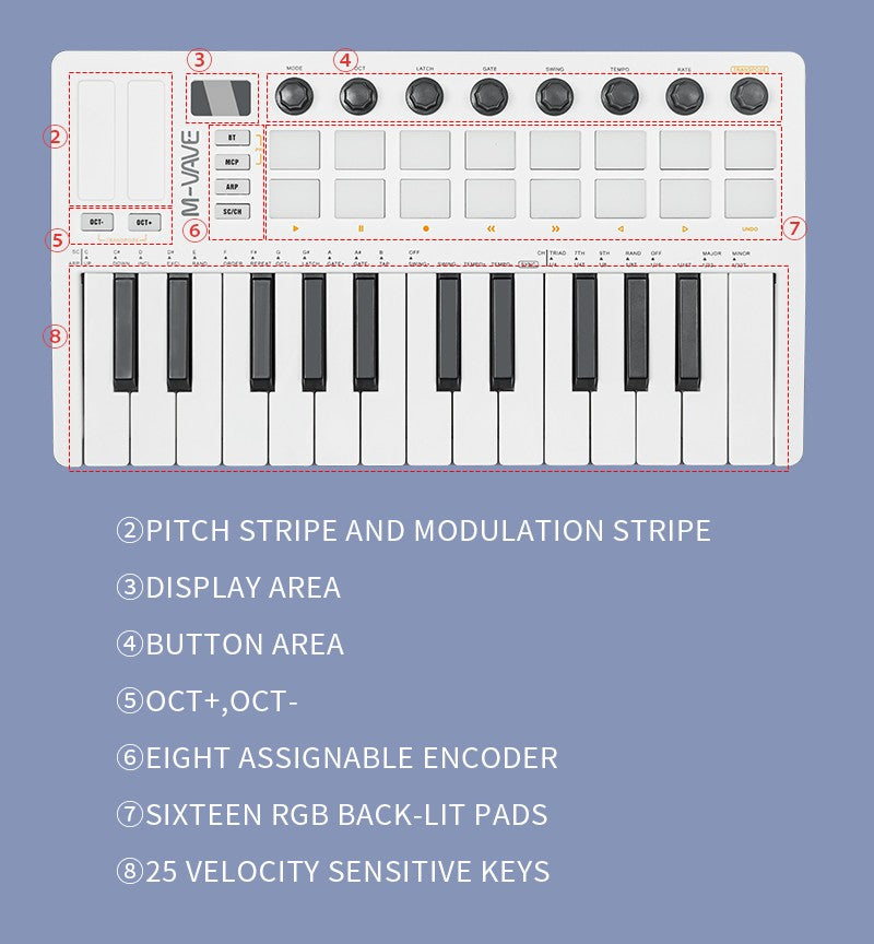 M-VAVE SMK-25 II Teclado Controlador MIDI Pad USB Mini 25 Teclas, 16 Pads de Bateria RGB, 8 Knobs e Produção Musical, Software Incluído
