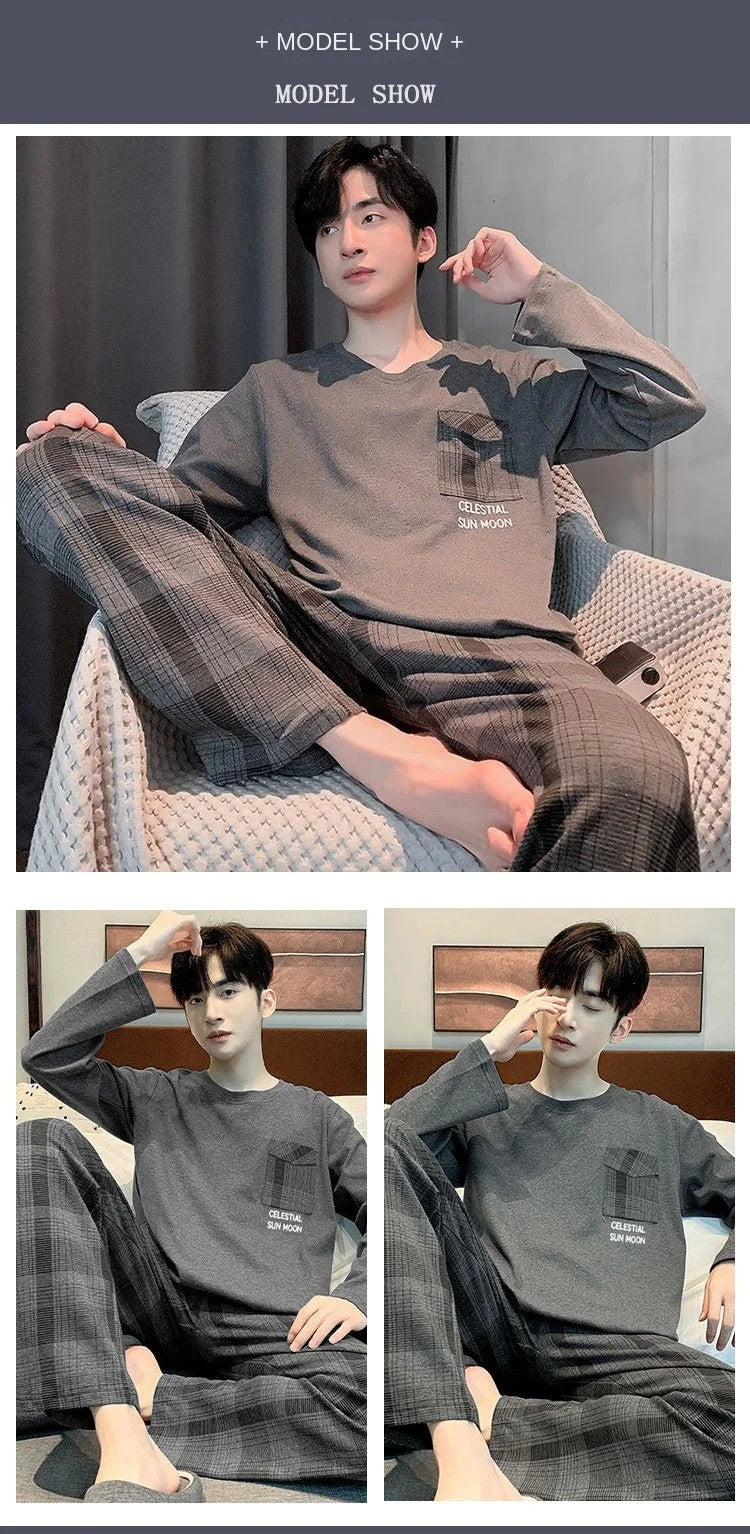 2PCS/Set Men Pajamas Long-Sleeved Korean Version of the Simple Button down Tops and Pants Nightwear Homewear Plaid Sleepwear