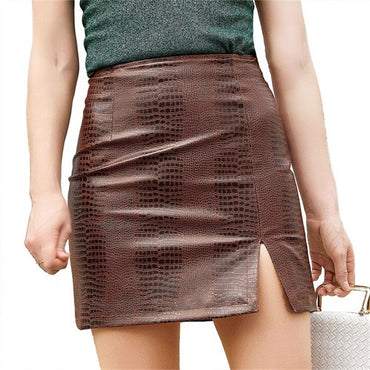 New Autumn Red Women's Crocodile Print PU Skirt, Brown Small Stretch Slim Skirts.