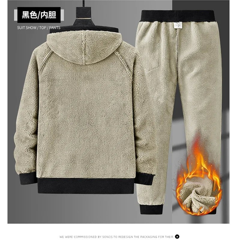 Lamb Cashmere Tracksuit Set Winter Men Sportsuit Gym Sportswear New Thermal Hoodies Fleece Tracksuit Windproof Sport Suit Men