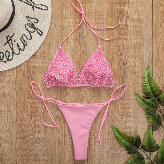 Pink Bikini Set Pearl Sexy Thong Swimsuit Women Backless Micro String pearls Bikinis Beach Outfit Vacation Swimwear Bathing Suit