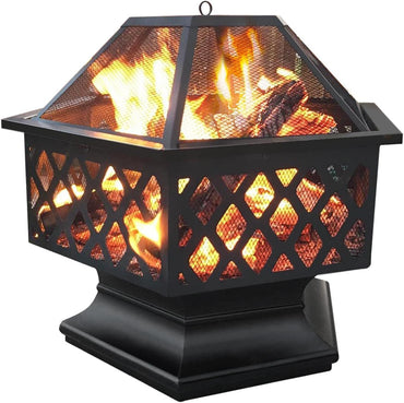 Hex Shaped Fire Bowl - Large Wood Burning Outdoor Fire Pit with Spark Screen & Poker for Bonfire, Picnic,