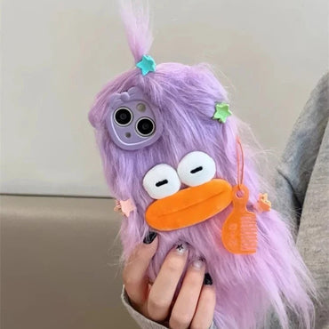 Korean Funny Fluffy Plush Monster Case For iPhone 17 Pro Max Case 16 15 14 13 12 11 Cute Girl Winter Warm Cover Fur Soft Coque
