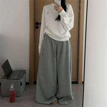Oversize Woman Grey Black Sweatpants Y2K Korean Streetwear Loose Casual Jogger Pants High Waist All Match Drawstring Trousers
