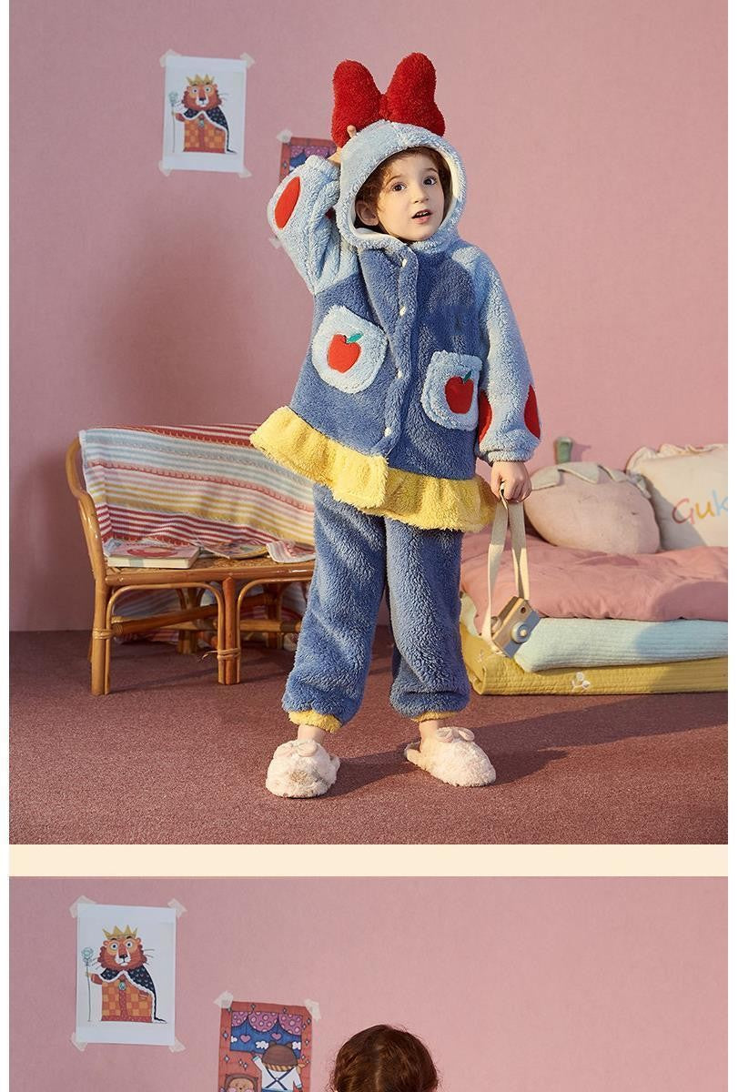 Disney Snow White Kids Hooded Robe Winter Princess Child Thick Keep Warm Long Nightgown Front Button Coral Fleece Soft Bathrobe