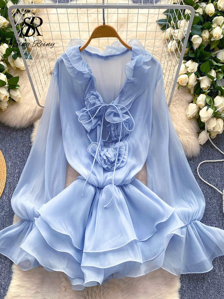SINGREINY 3D Floral Beach Short Dress Female Long Sleeves Lace Up Ruffle Chiffon