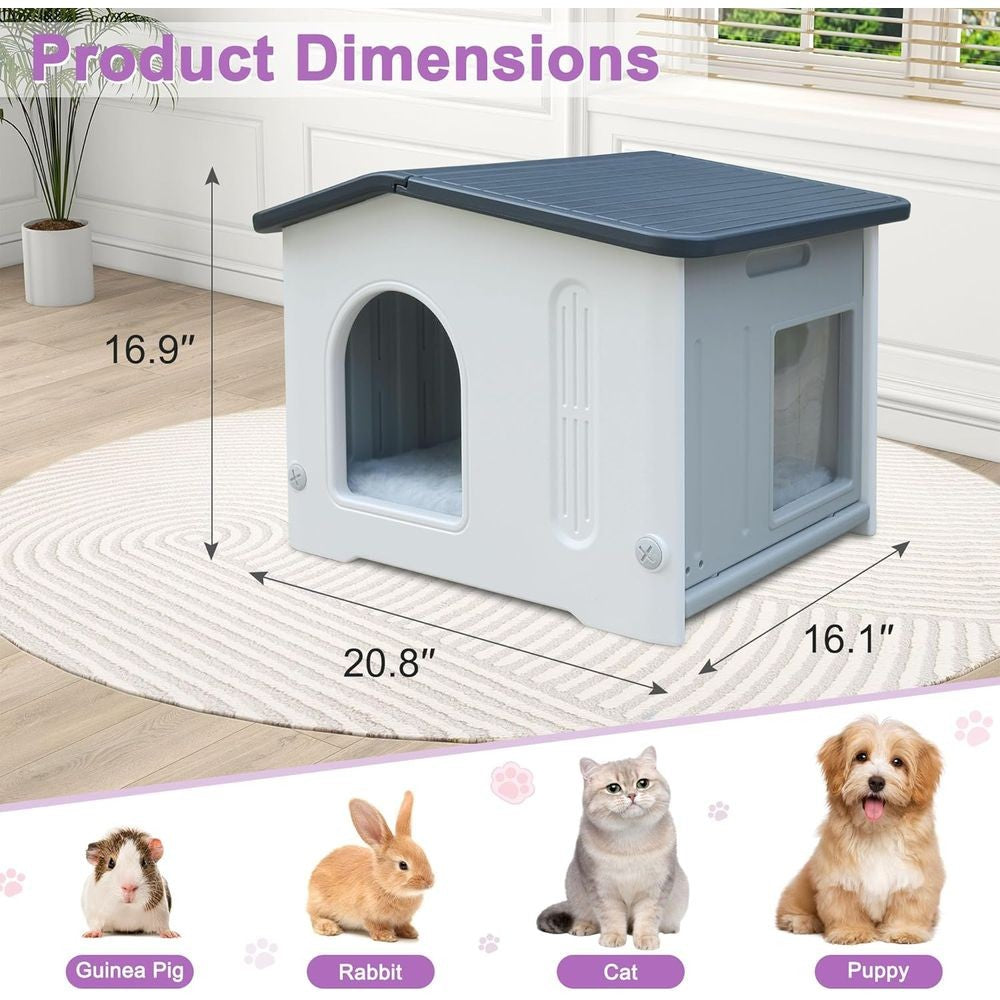 Abrigo para Gatos Cinza à Prova D'Água para Exteriores com Saída de Emergência para Gatos de Rua e Domésticos, Fácil de Montar