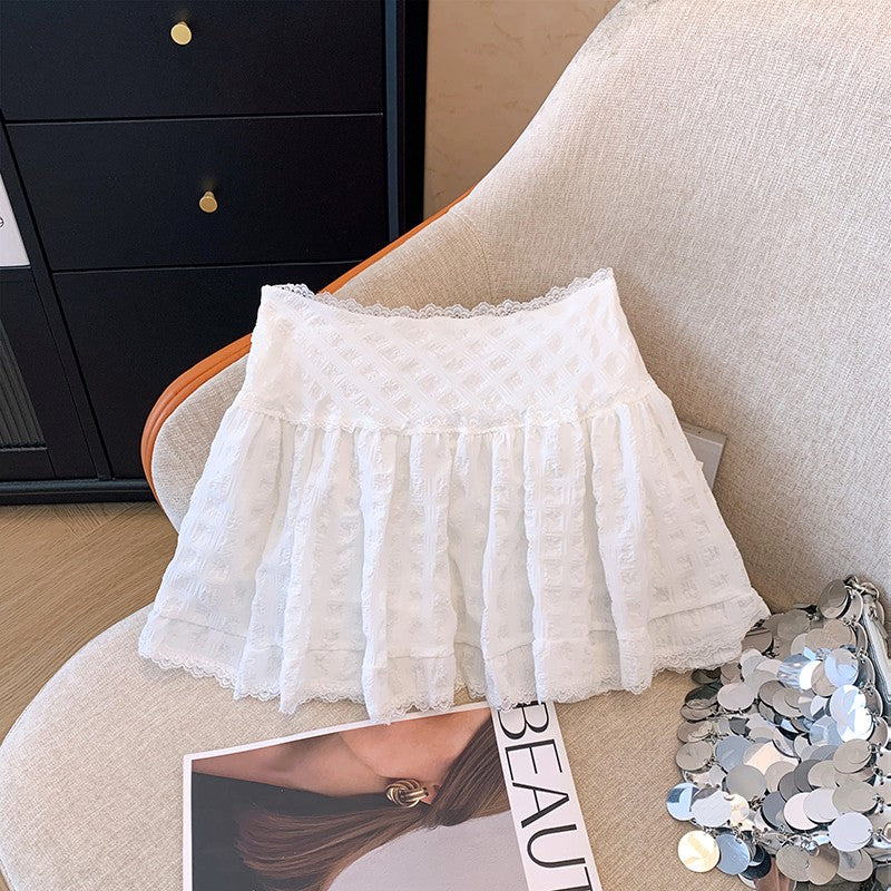 Balletcore Ruffled Mini Skirt with Lace Trim Low Rise Tiered White Skirt Summer