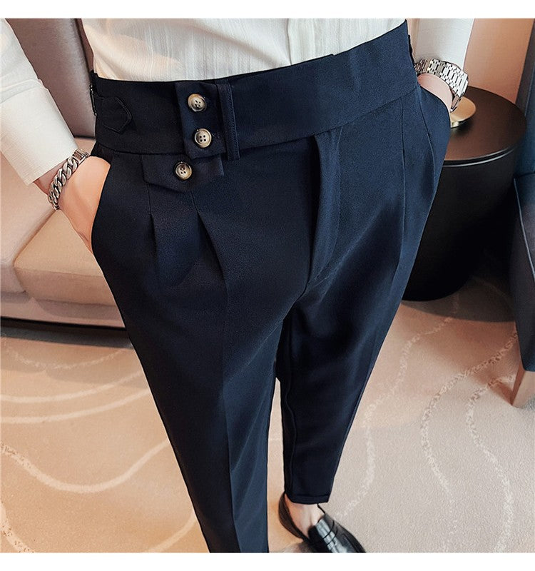 British Style Spring New Solid Business Casual Suit Pants High Waist Button Men Formal Pants High Quality Slim Office Trousers