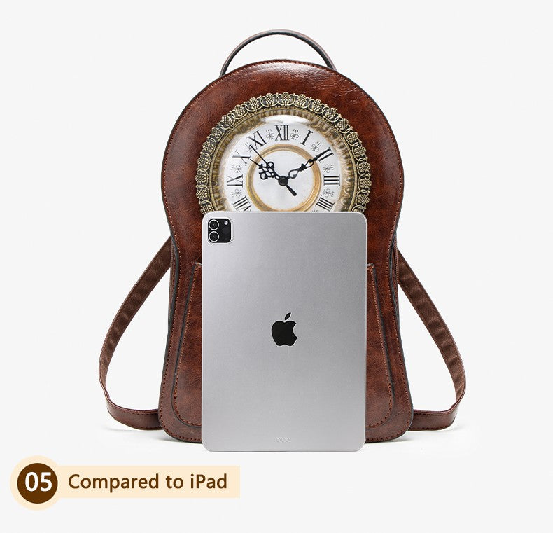 Vintage Clock Backpack, Clock-Style Fashion Shoulder Bag, Crossbody Backpack, Trendy Cool Clock Design, Large-Capacity Multifunctional Travel Bag, British Style Vertical Party Backpack, Waxed Leather Three-Dimensional Bag, Holiday Gift for Christmas