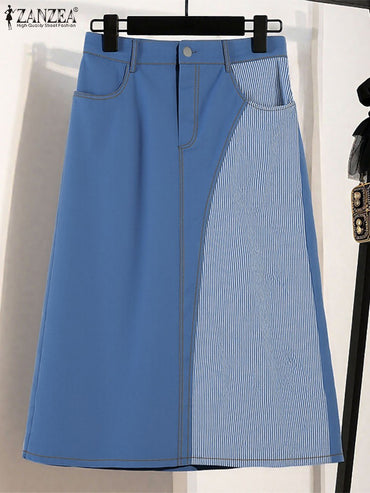 ZANZEA Women Plus Size Skirts High Waist Denim Striped Long Skirt Casual Vintage Big Size Skirt Summer Pockets Fashion Bottoms