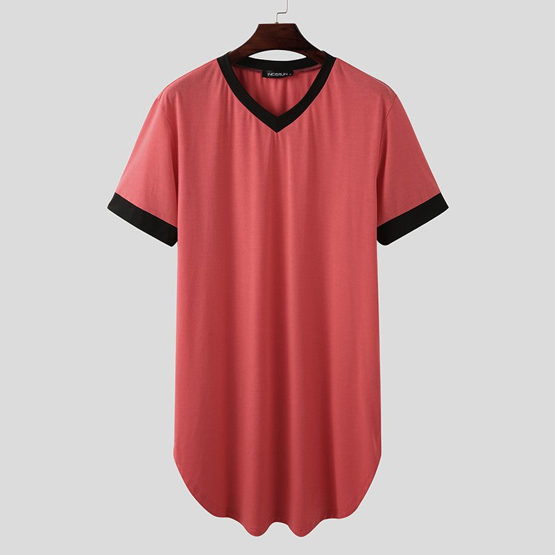 INCERUN 2024 Men Sleep Robes Short Sleeve V Neck Nightgown Patchwork Cozy Homewear Fashion Loose Mens Bathrobes Dressing Gown