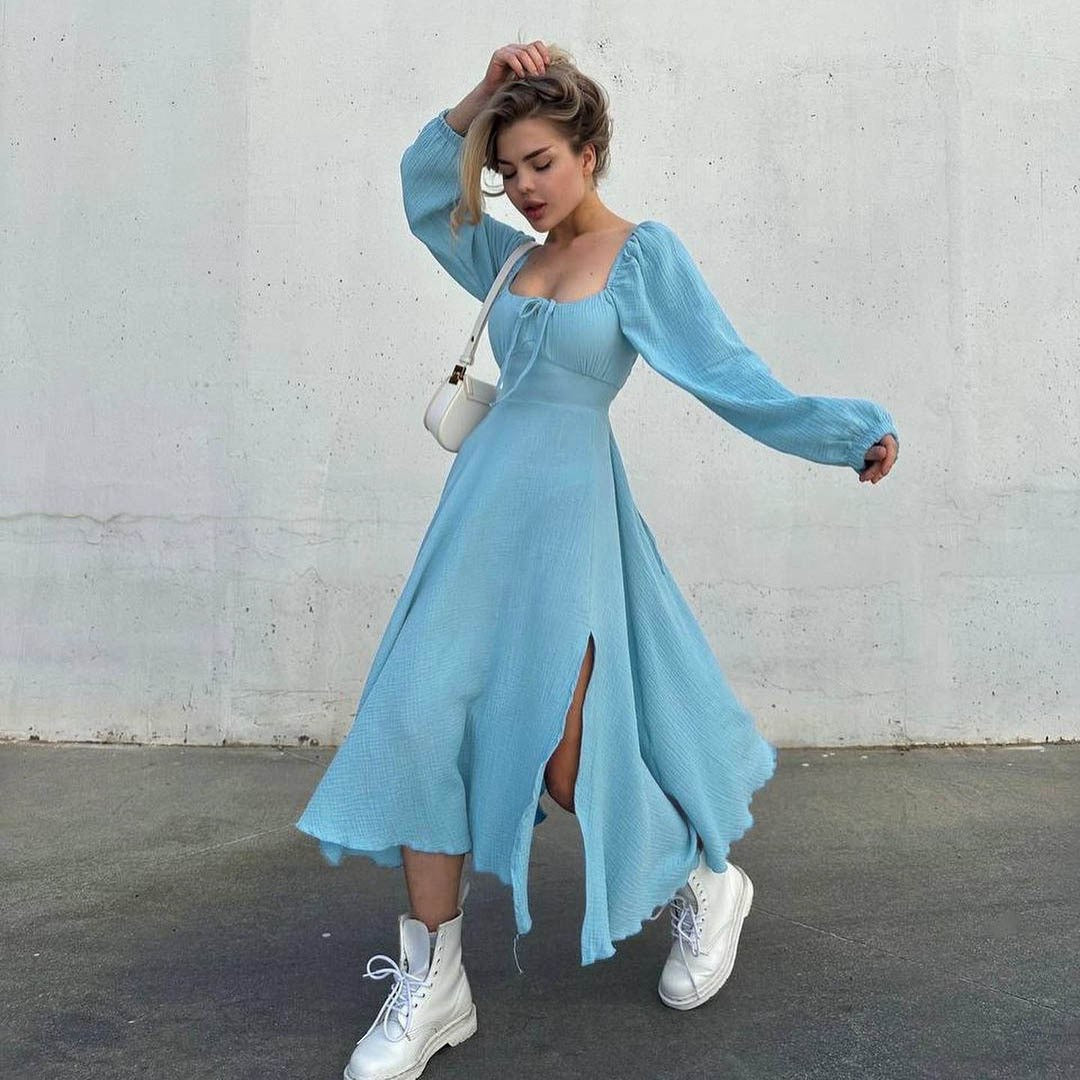 Lace-up Square Collar Sexy Dress Women Autumn Lantern Sleeve Solid Cotton Slit R
