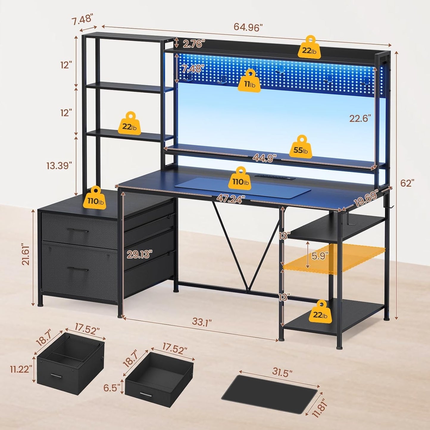 Gaming Desk with Hutch, 65in Reversible Computer Desk with Power Outlets LED Light, Home Office Desk with Monitor