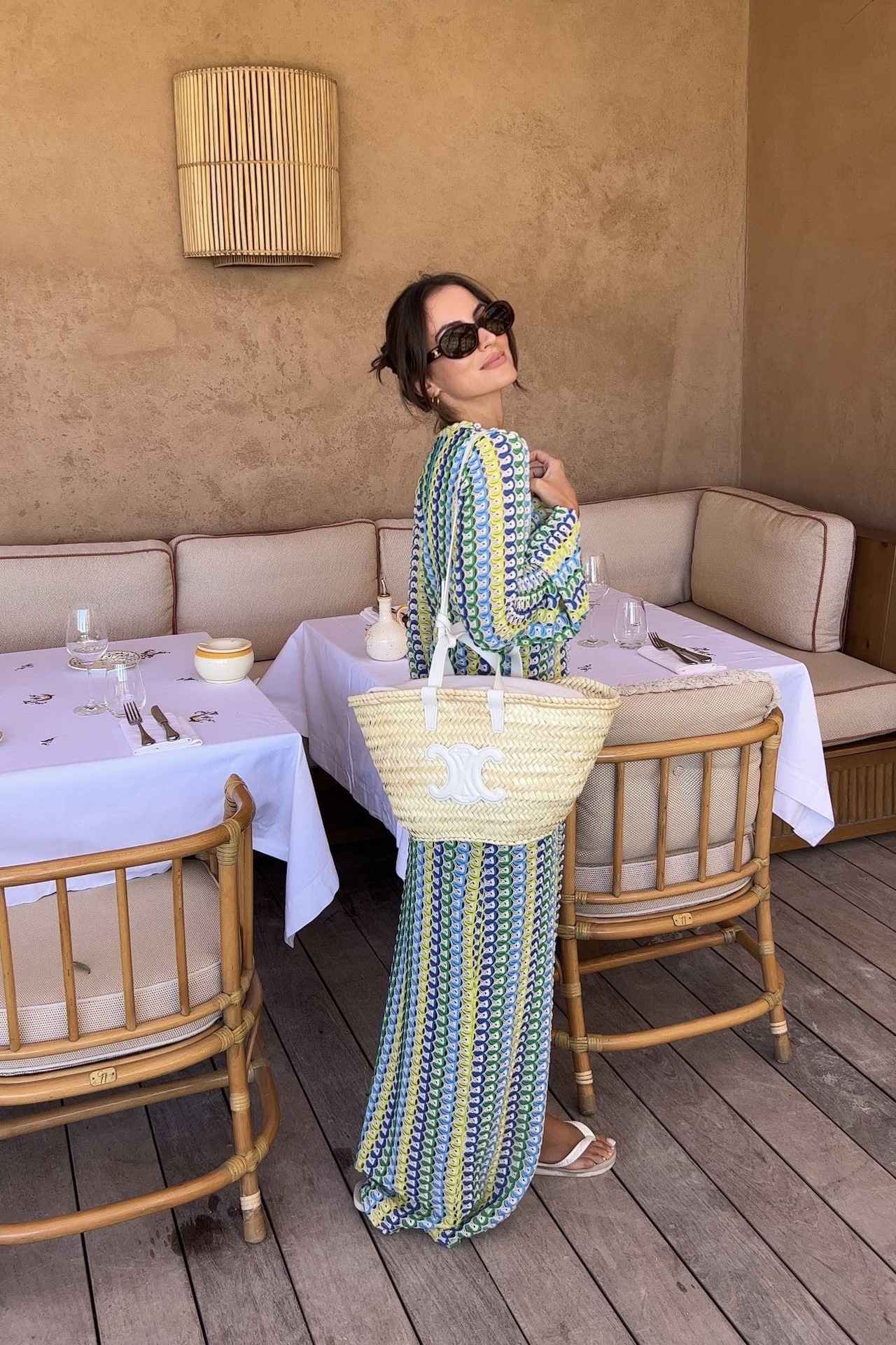 Crochet Colorful Stripe Maxi Dress Women Flare Sleeve V-neck High Split Sexy Lon